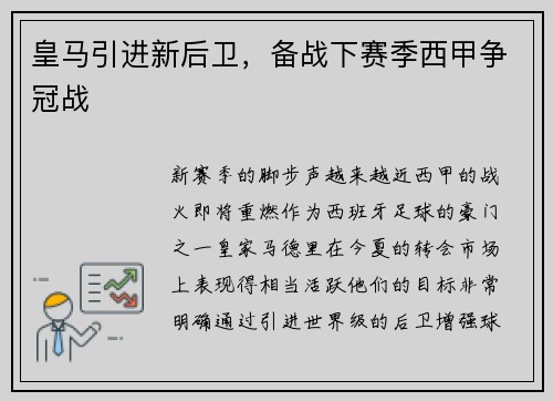 皇马引进新后卫，备战下赛季西甲争冠战