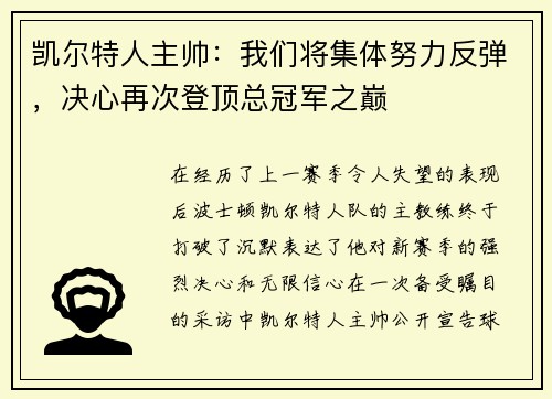 凯尔特人主帅：我们将集体努力反弹，决心再次登顶总冠军之巅