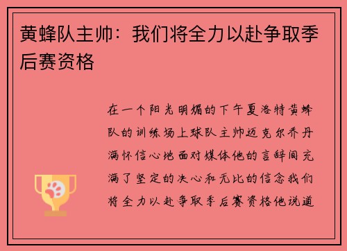 黄蜂队主帅：我们将全力以赴争取季后赛资格